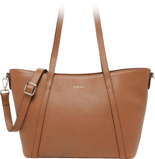A large brown leather tote bag with two tall shoulder straps and a zipper closure at the top. The bag is made from textured full-grain leather with gold hardware. It has a  zip pocket on the back and a removable longer strap for crossbody wear.