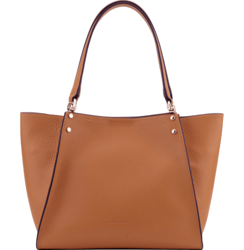 A medium-sized tan leather tote bag with two tall shoulder straps attached by gold rivets. The bag is made from textured grained leather with a slightly flared shape that widens at the top. It has a clean, structured look with a zippered pocket, a patch pocket and a removable pouch on the side.
